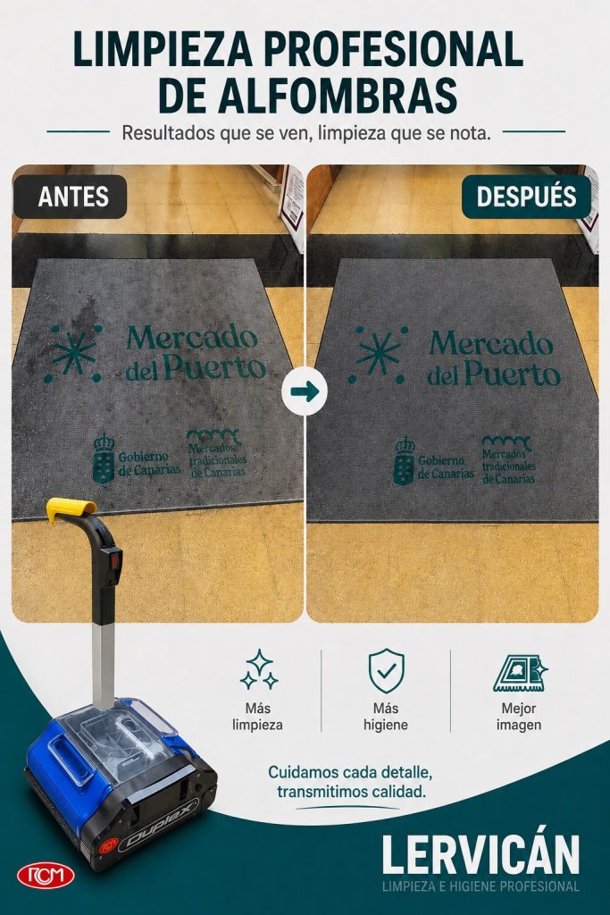 Limpieza profesional de alfombra institucional en el Mercado del Puerto, Gran Canaria: antes y después